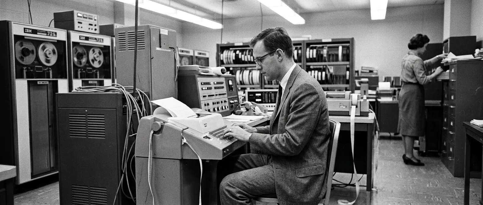 A man at a teletype console in a 1960s computer room, tape drives behind him, a colleague filing in the background.