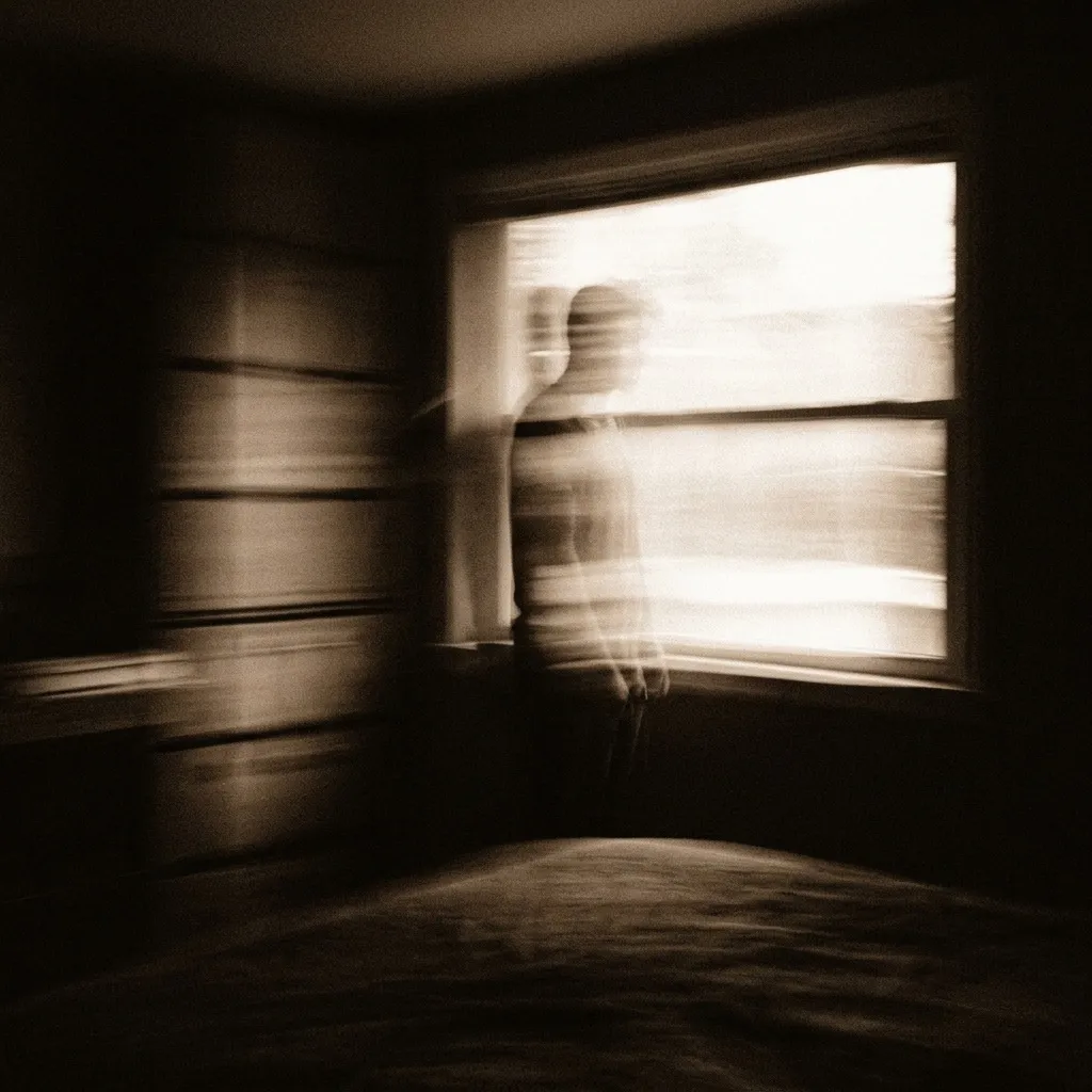 A figure standing by a bright window in a dark room, pulled into streaks by a slow shutter.