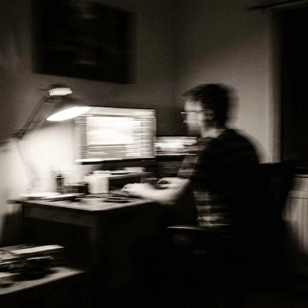 A desk lamp and a screen glowing in a dark room, a figure beside them, everything smeared sideways by a slow shutter.