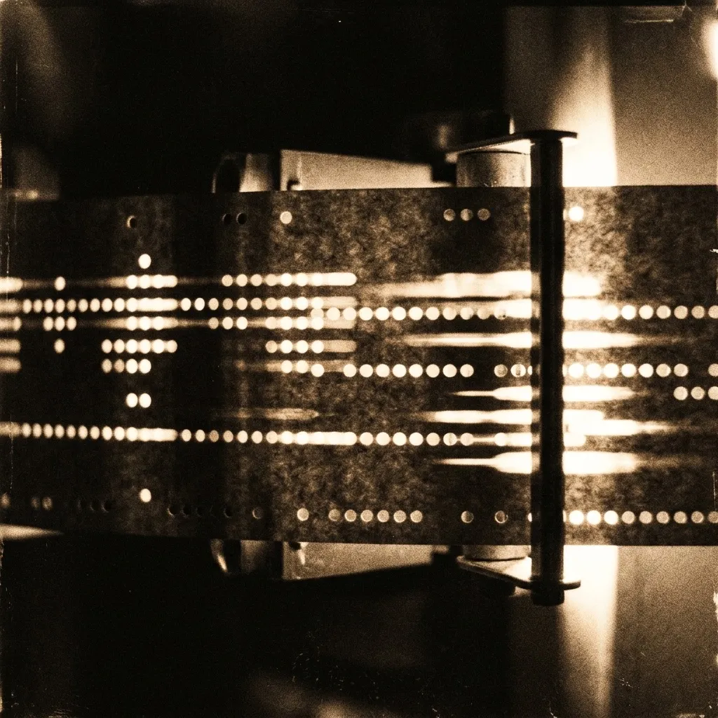 Punched paper tape running through its reader, the holes smeared into amber dashes of light by a slow shutter.