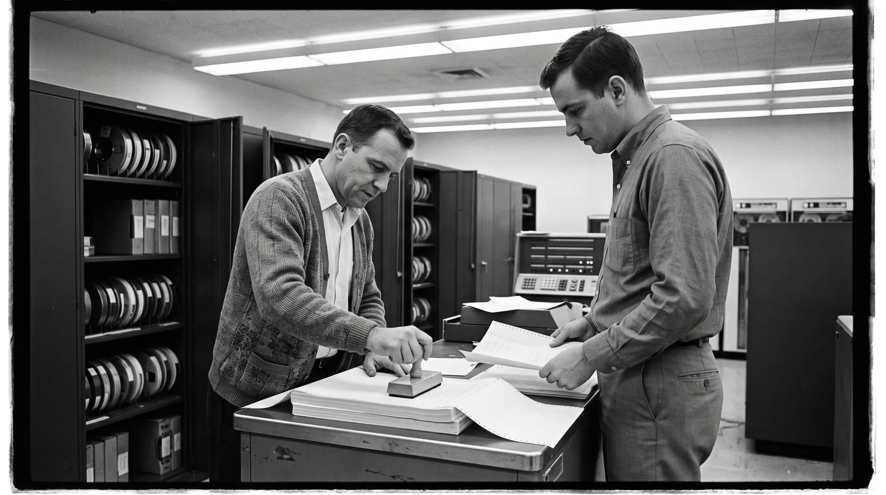 A supervisor stamping a printout in a 1960s computer room while an operator waits with the next sheet.