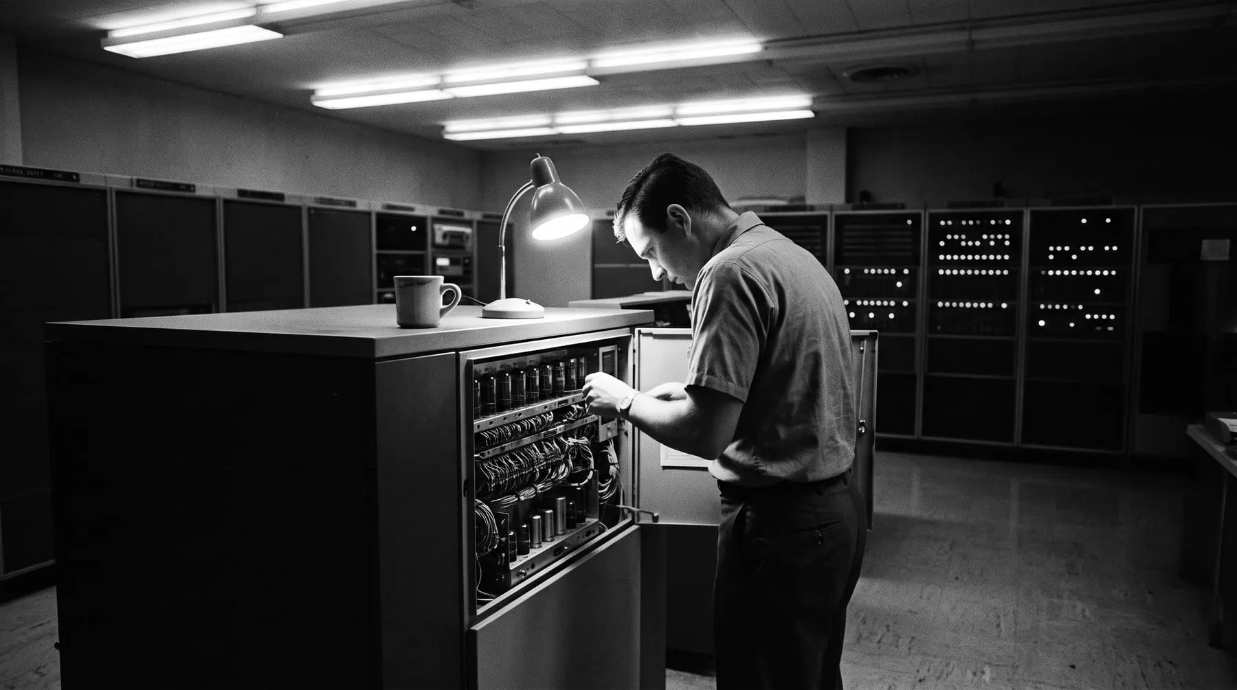Night shift in a computer room: one technician alone at an open panel with a lamp, rows of indicator lights on.