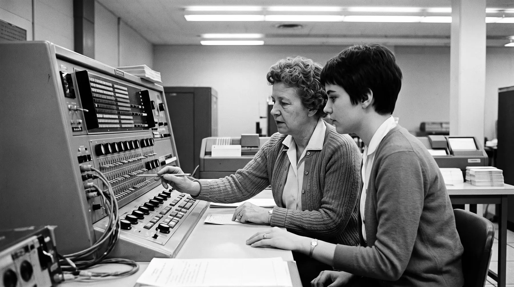 A young operator being shown a console by an older colleague pointing at a row of switches, a card reader behind them.