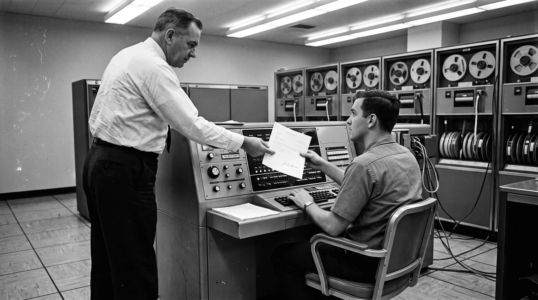A supervisor handing a signed sheet across a console to a seated operator, a wall of tape drives behind them.