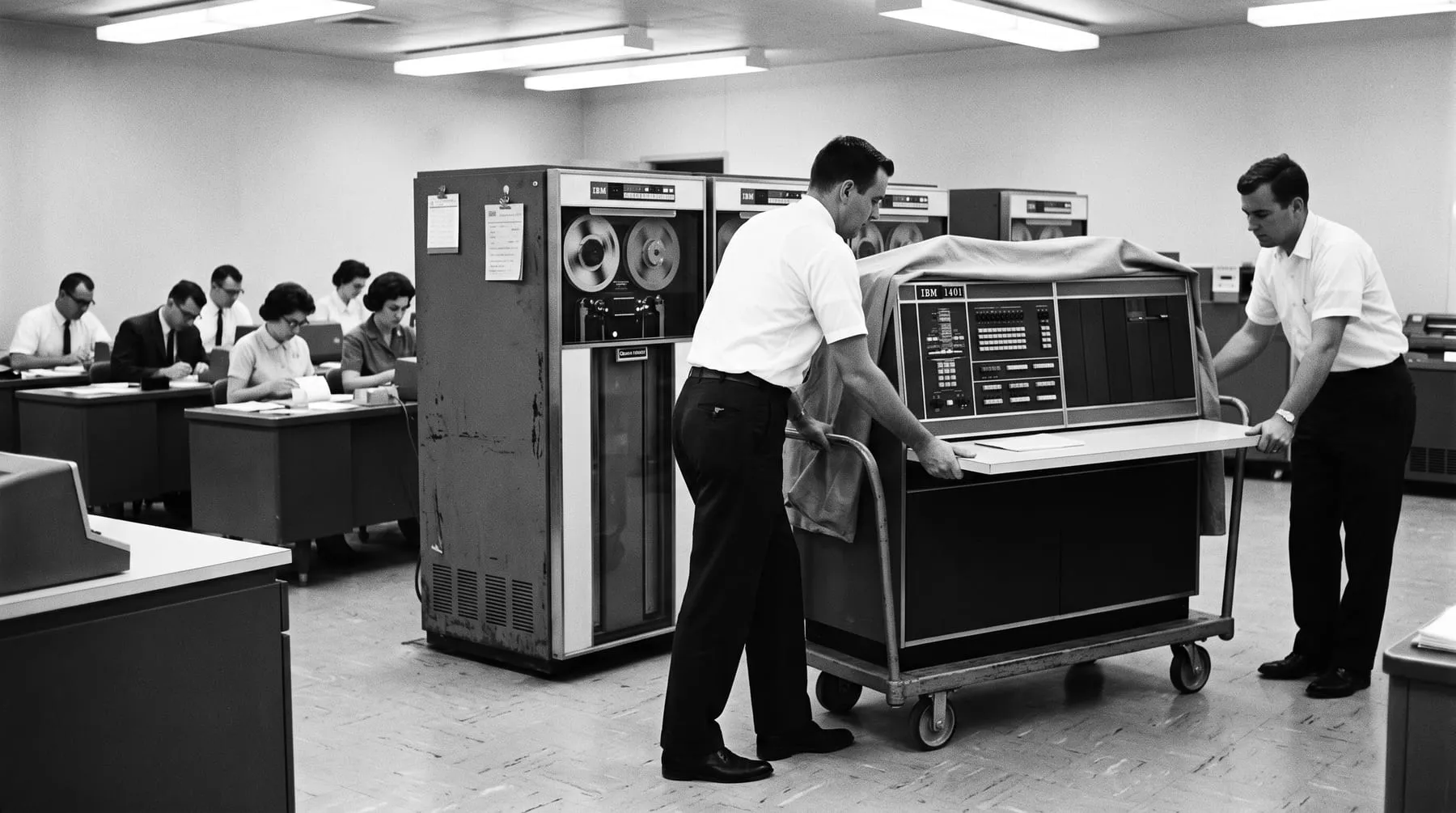 A data-processing floor where a new console is wheeled in beside an older cabinet still running, two technicians guiding it.