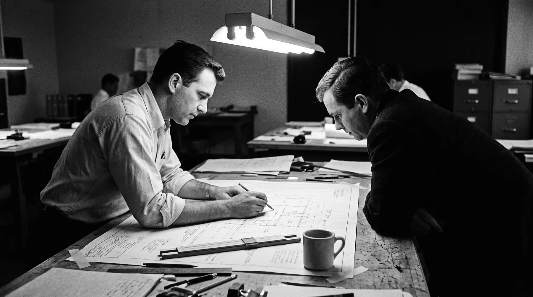 Two people leaning over a drafting table under a strip light, a large plan pinned down between them.